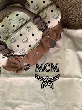 MCM Brown and White Logo extra large vintage Satchel or duffel Bag